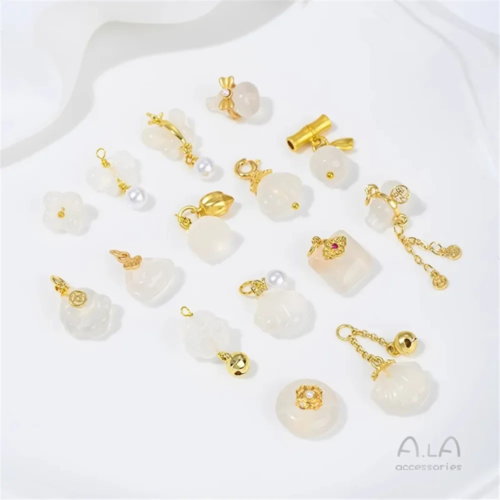 Natural White Agate Chalcedony Pendant, Gourd Lotus Pod Scallop Cat Paw Butterfly Bell Charms for DIY Jade Jewelry Making