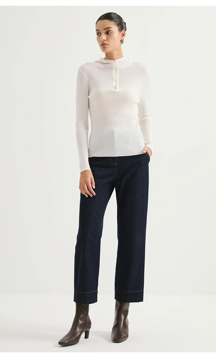 BY4621718 Damen-Kapuzenpullover mit halbem Reißverschluss, 100% Wolle, breiter Rippstrick, lange Ärmel, Diamantketten-Emblem, schmale Passform, dezenter Luxus für den Herbst – Detail 7
