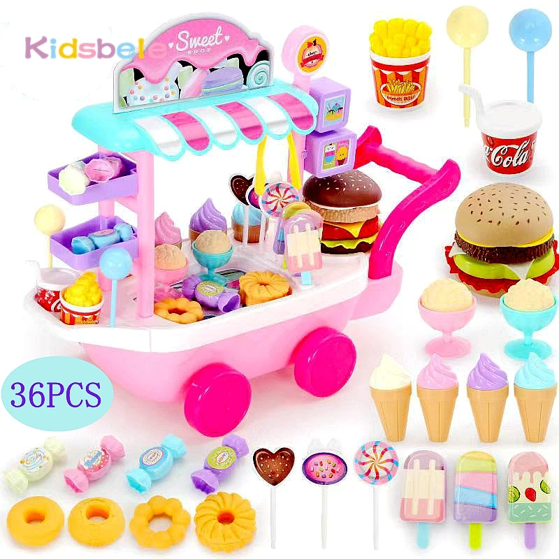 Kids 36pcs Simulation Ice Cream Shop Mini Lollipop Candy Cart Food Dessert Pretend Play Toy Christmas Birthday Gift Boys & Girls