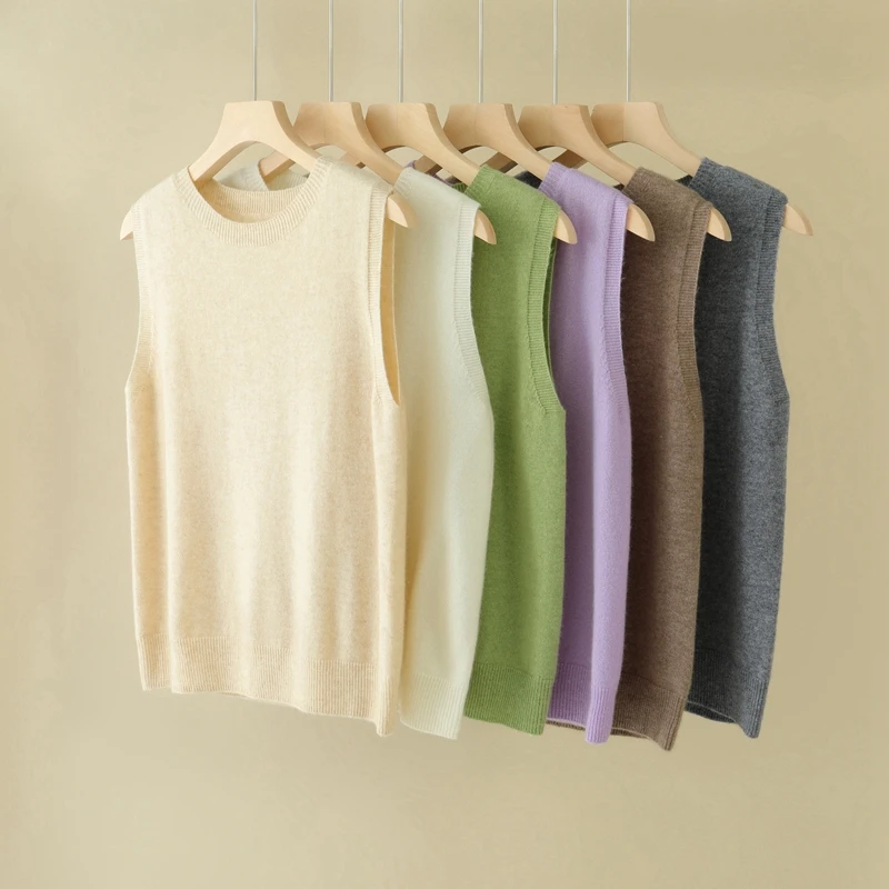 Summer New Women's O-Neck Knitted 100% Cashmere T-shirt Tank Top Fashion High end Short Women's Pullover Sleeveless Tank Top Thi image 5