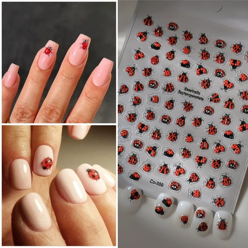 

1pc 5D Embossed Coccinellidae Nail Art Stickers Self-Adhesive Decals Mix Design Insect Nail Cute Summer Nail Accessories