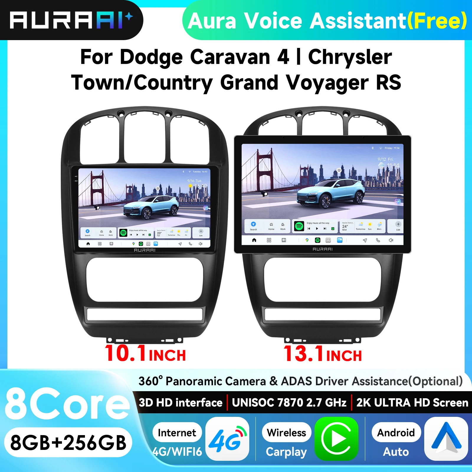 AURAAI Carplay Android Radio AUTO RDS For Dodge Caravan 4/ Chrysler Town &Country 2001-2007/ Chrysler Grand Voyager RS 2000-2012