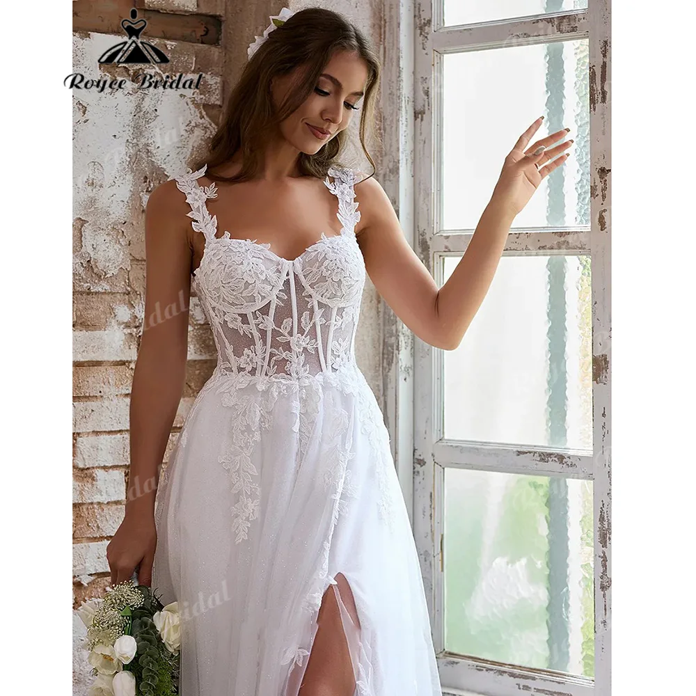 Lace Spaghetti Strap Sweetheart Corset Wedding Dress High Slit Sparkle Tulle Button Back Chapel Train Bridal Gown Customized