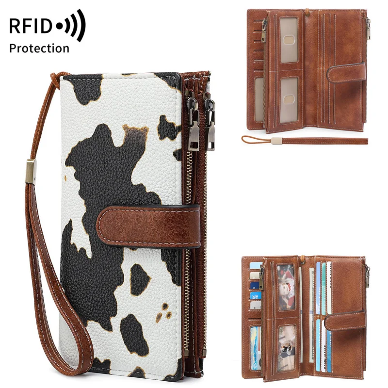 Western RDIF Blocking Leopard Ziipper Multi-functional Three Floded Women Wallet Large Capacity Purse for Ladies