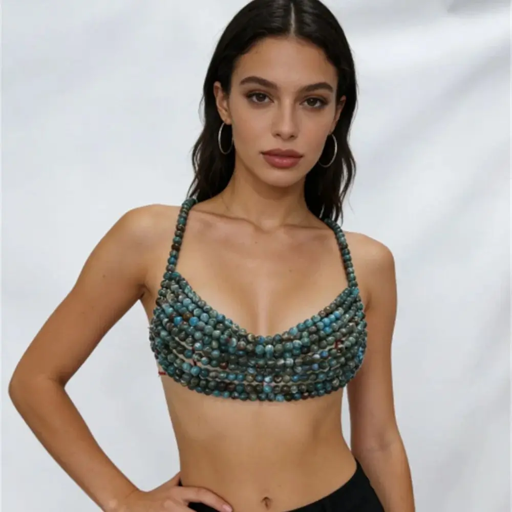 European And American Retro Style Blue-Green Gradient Multi-Layer Beaded Camisole, Exaggerated Personality Beaded Vest For Women
