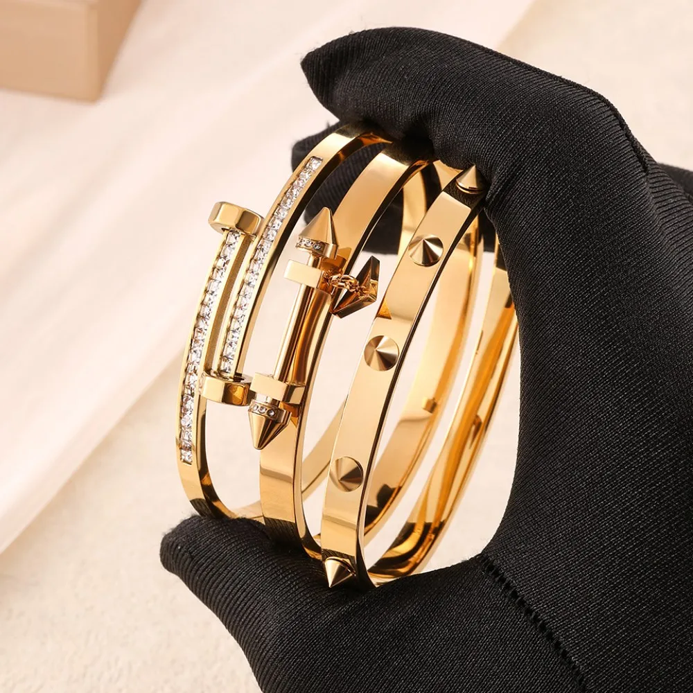Minimalist Stainless Steel Willow Nail Bracelet Set for Women Shiny Cubic Zirconia Jewelry Gift Waterproof Fashion Accessory view 3