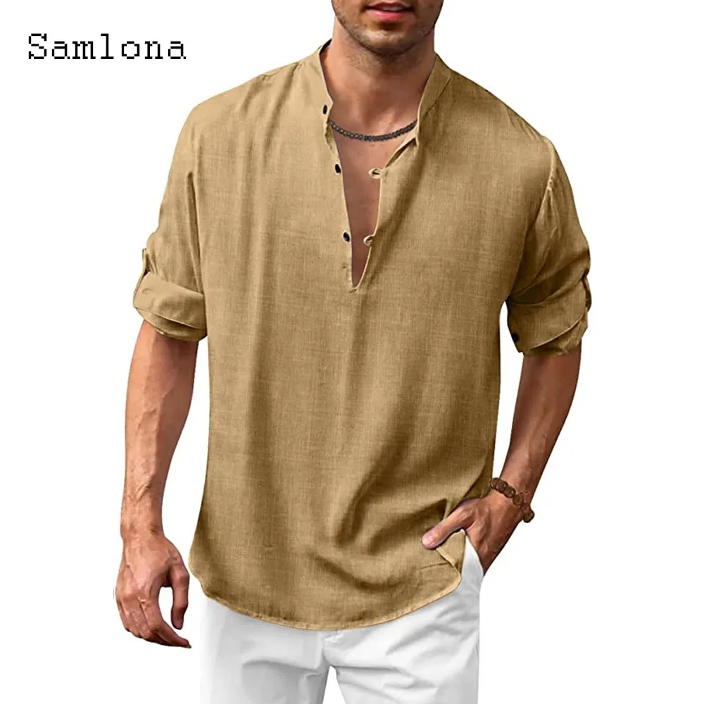 Camisas de ocio para hombre, blusa informal de playa, Top Sexy, jerséis, blusa de cuello mandarín blanco sólido