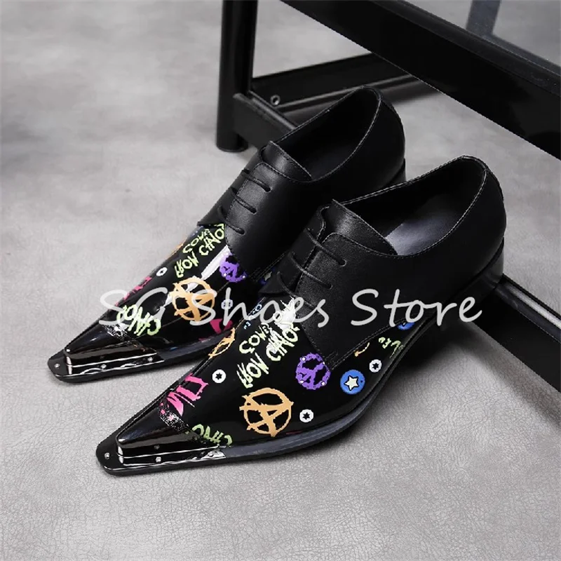 

Mixed Color Graffiti Prints Metal Pointed Toe Loafers Male Business Wedding Dress Shoes Genuine Leather Derby Shoes for Men