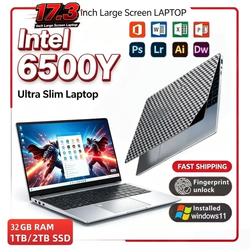 17.3 Inch Durable 16/32GB RAM 1/2TB BIG SSD Large Screen Laptop Intel 6500Y Windows11 Portable for Study Office
