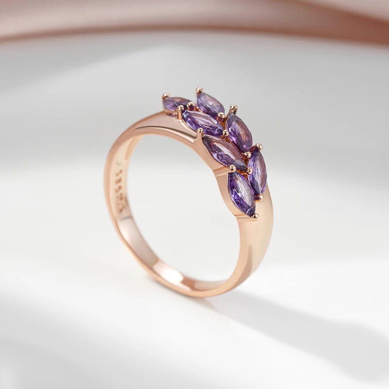 SYOUJYO Fine 585 Gold Color Rings For Women Purple Leaf Natural Zircon Trendy Jewelry Luxury Rings