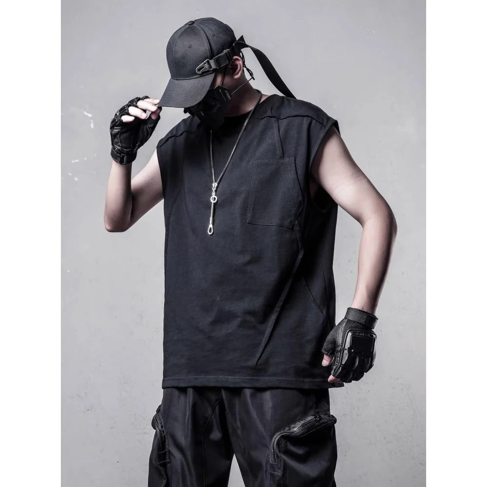 2025 Summer Hip Hop Fashion Tank Tops Men's Loose Functional Patchwork Sleeveless T-Shirt Vest Harajuku Casual Tops