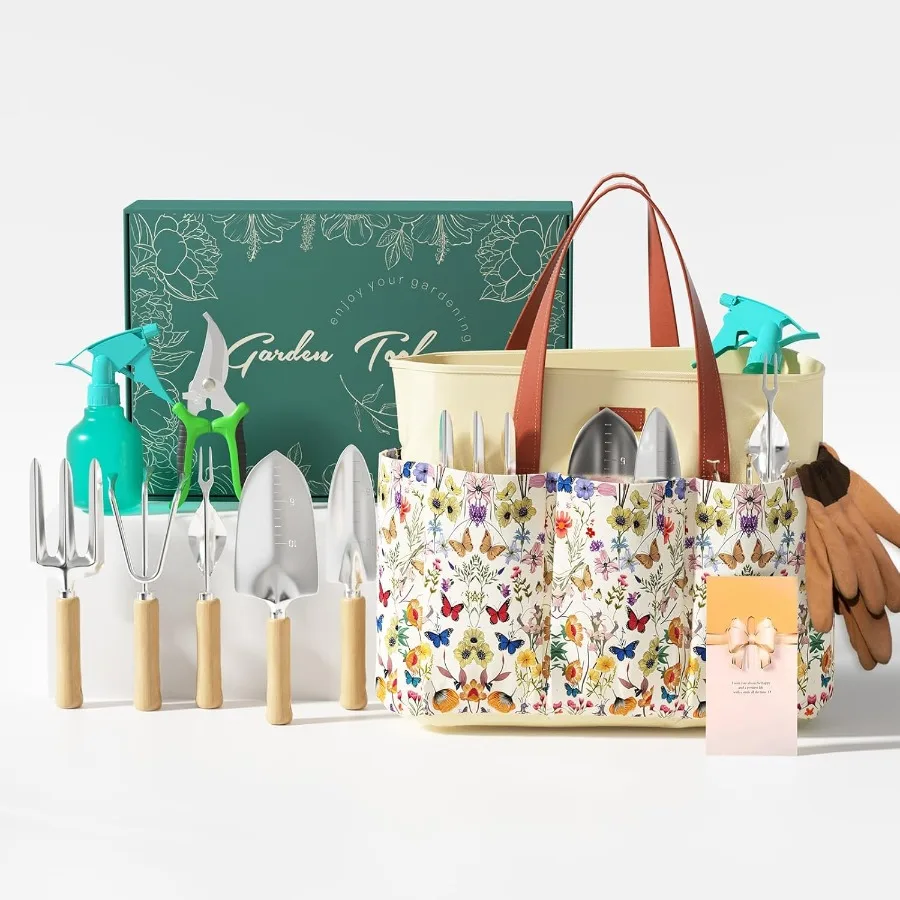 VerdantVibes Set di attrezzi da giardino da 9 pezzi Utensili manuali da giardinaggio resistenti con impugnature ergonomiche antiscivolo Spatola resistente alla ruggine Ra