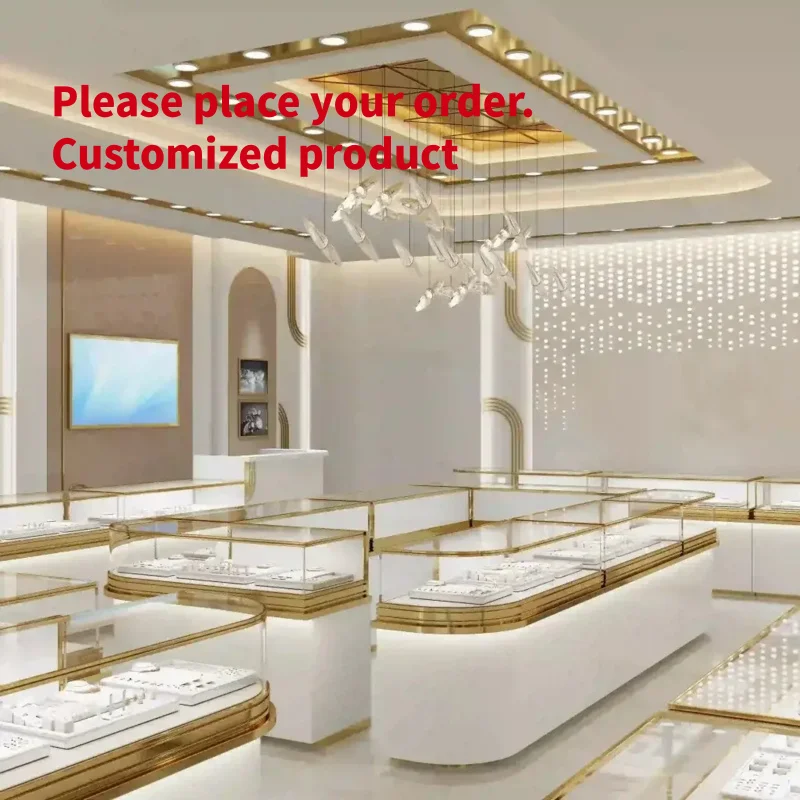 custom.Custom Full Set Luxury Jewelry Store Furniture Curved Gold Stainless Steel Frame Glass Display Cabinet LED Light Island S