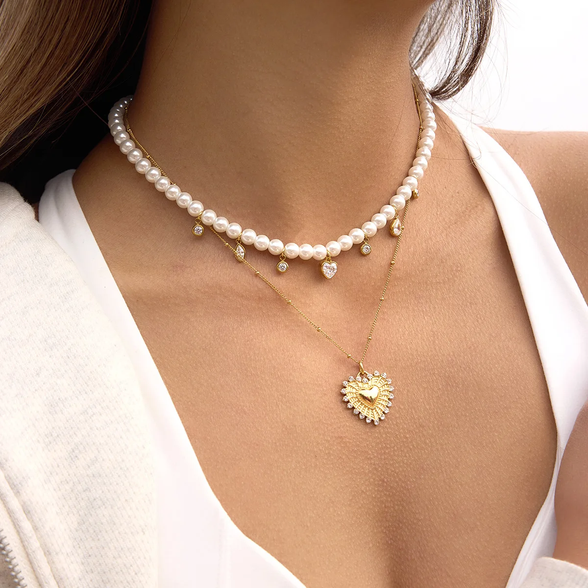 Ars Elegant Pearl Beaded Necklace 18k Gold Plated Stainless Steel Heart Pendant Necklaces Women's Multi Zircon Charm Necklaces