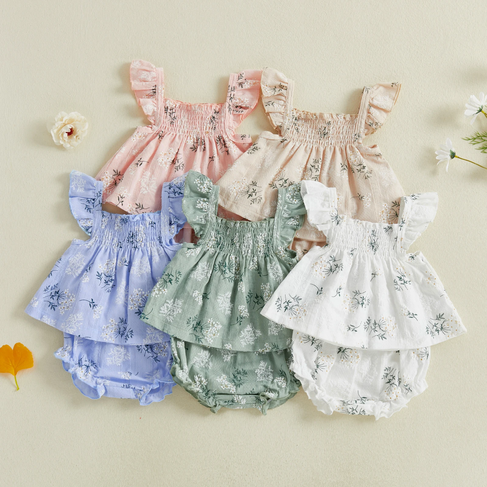 Tregren Infant Baby Girl Summer Shorts Outfit Flower Flying Sleeve Ruffle Tops and Shorts 2 Piece Casual Set