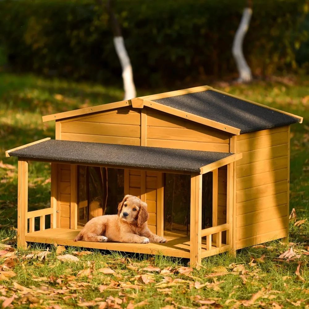 

Masterpiece Large 47.2" Wooden Dog House Outdoor - Indoor/Outdoor Dog Crate Kennel Cabin Style With Porch & Double Doors For Me