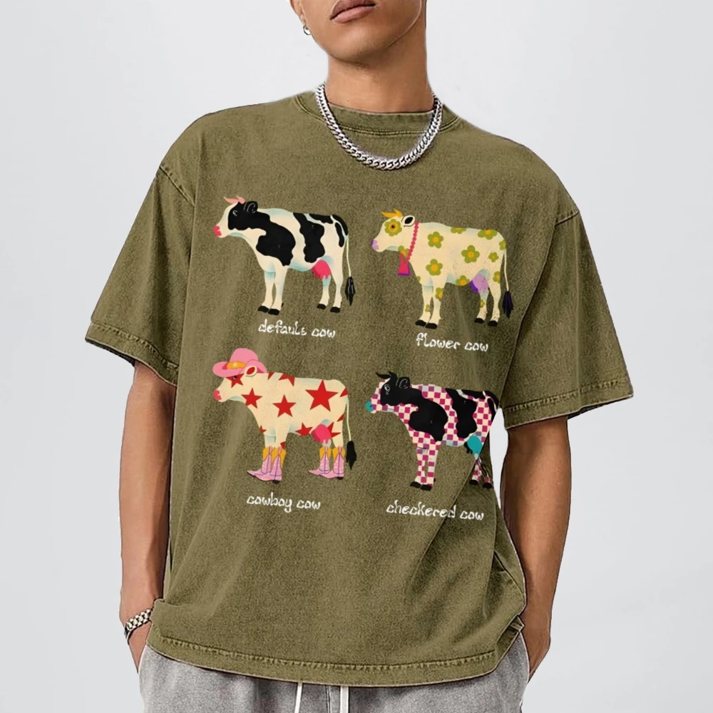 Cute Cartoon Cow Print T-Shirt Pure Cotton Washed Shoulder Round Neck Neutral Style Fashion Trend New High Quality Short Sleeves