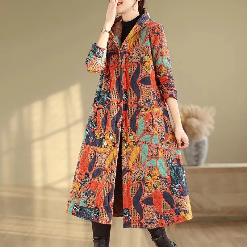 Mid Length Floral Hooded Jacket Women\'s Winter 2023 New Vintage Warm And Loose Fitting Oversized Coat Fleece Clothing Z3504