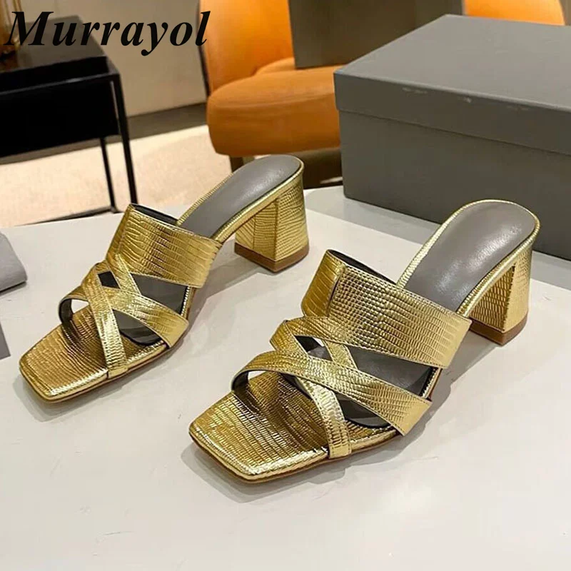 

Open Toe Genuine Leather Square Heels Slippers Women Square Toe Weaving Design Sandals Summer Dress Shoes Pumps Wedding Shoes