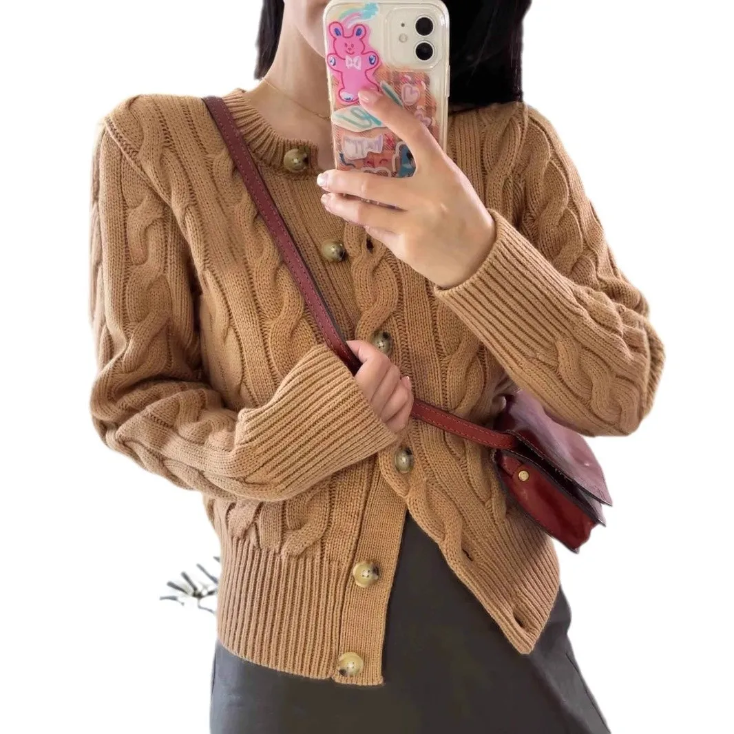 سترة RL Winter 2025 مقصوصة، سترة منسوجة من القطيفة مع تطريز، بلوزة أنيقة متماسكة برقبة دائرية للنساء المتطورة