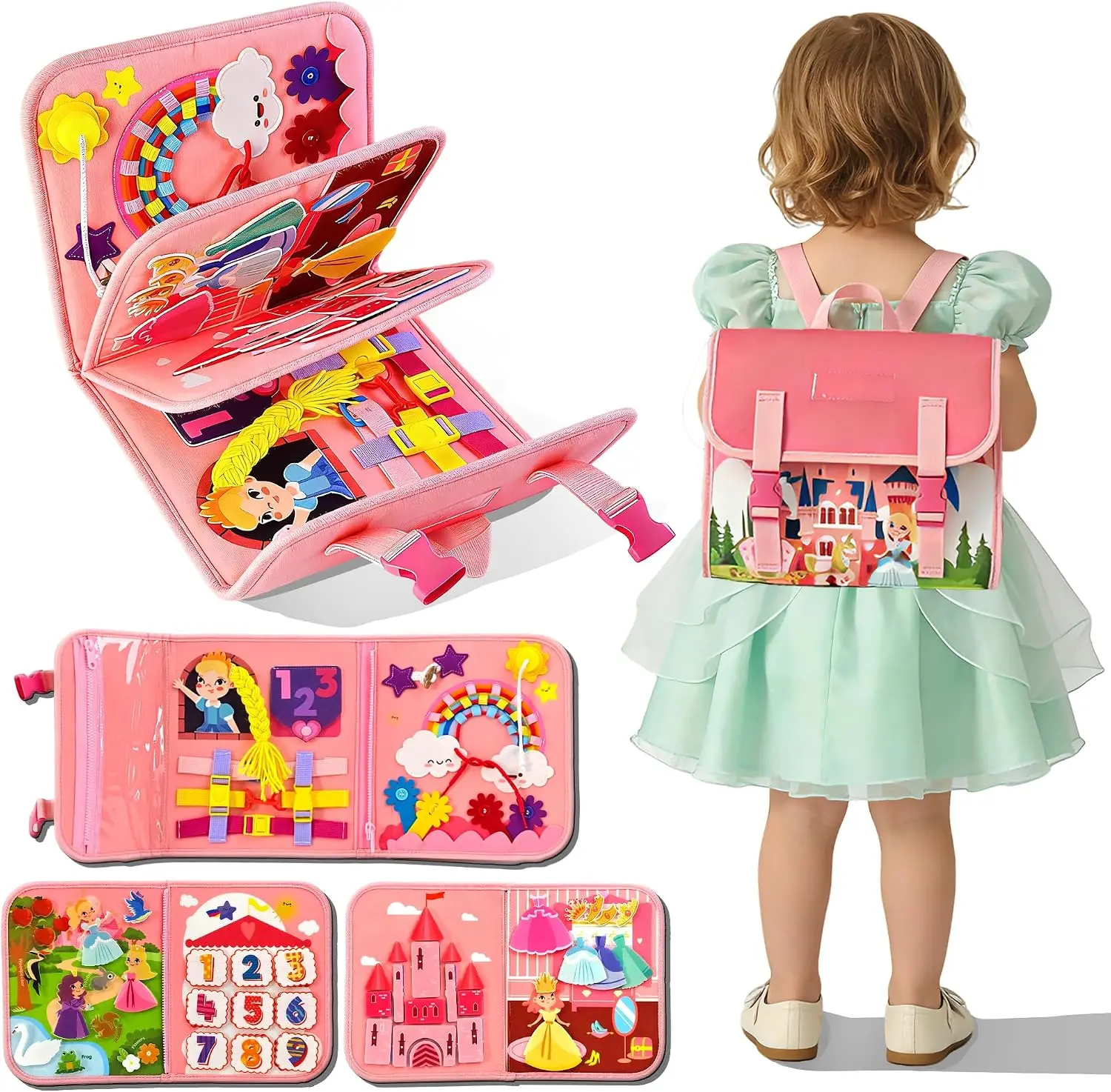 Fun Princess Castle Activity Backpack｜Kids Learn Motor Skills Through Play, Portable Quiet Educational Toy for Trips