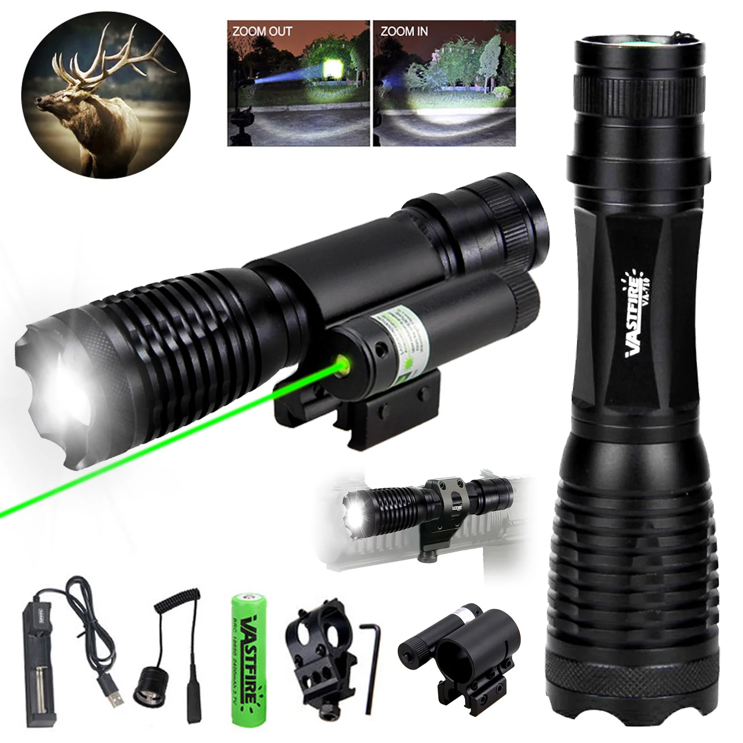 Tactical VA-710 Hunting Flashlight Weapon Light+Green/Red Laser Dot Sight+Rifle Scope Airsoft Mount+Remote Switch+18650+Charger