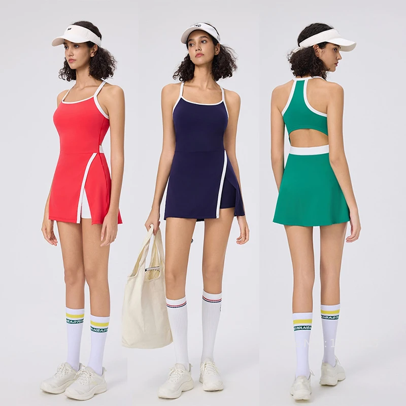 2025 Backless Hollow Sports Dress Women Sleeveless Sling Yoga Skirt with Inner Short Ladies Split Fitness Tennis Dress Golf Wear