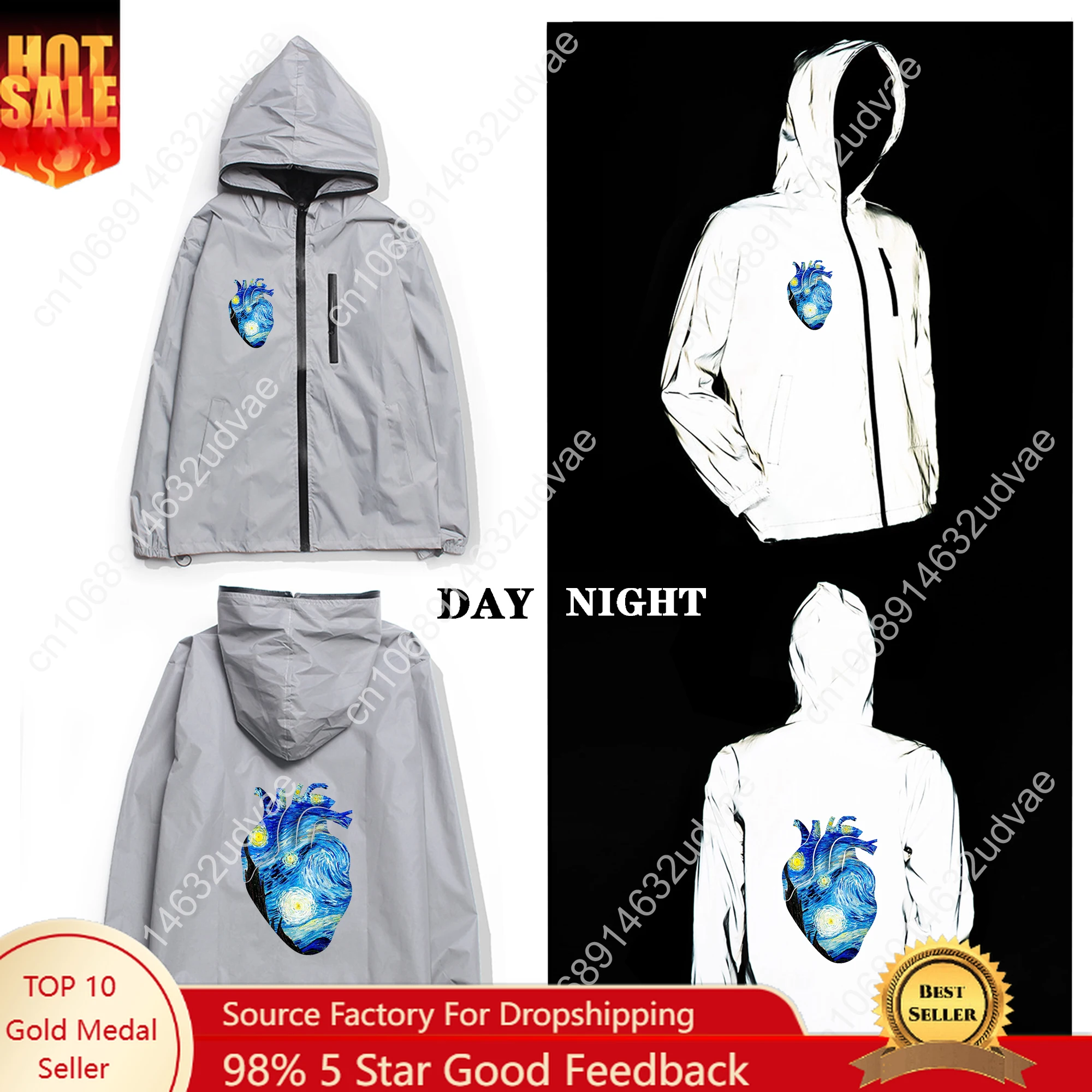

Van Gogh Starry Night Reflective Jacket Mens Womens Coat Hooded Windbreaker Run Jackets Cycling Hiking Zipper Custom Hoodie