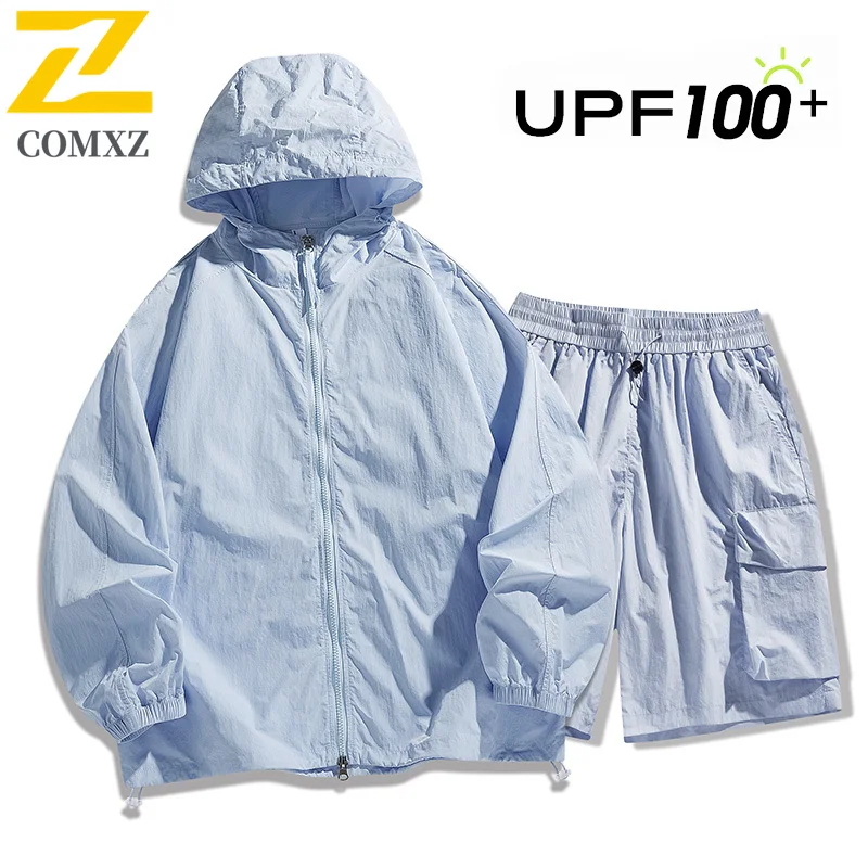 

Мужской спортивный комплект с защитой от солнца: летняя ультралегкая ветровка на молнии + шорты карго, 2 предмета, повседневный костюм для рыбалки и велоспорта