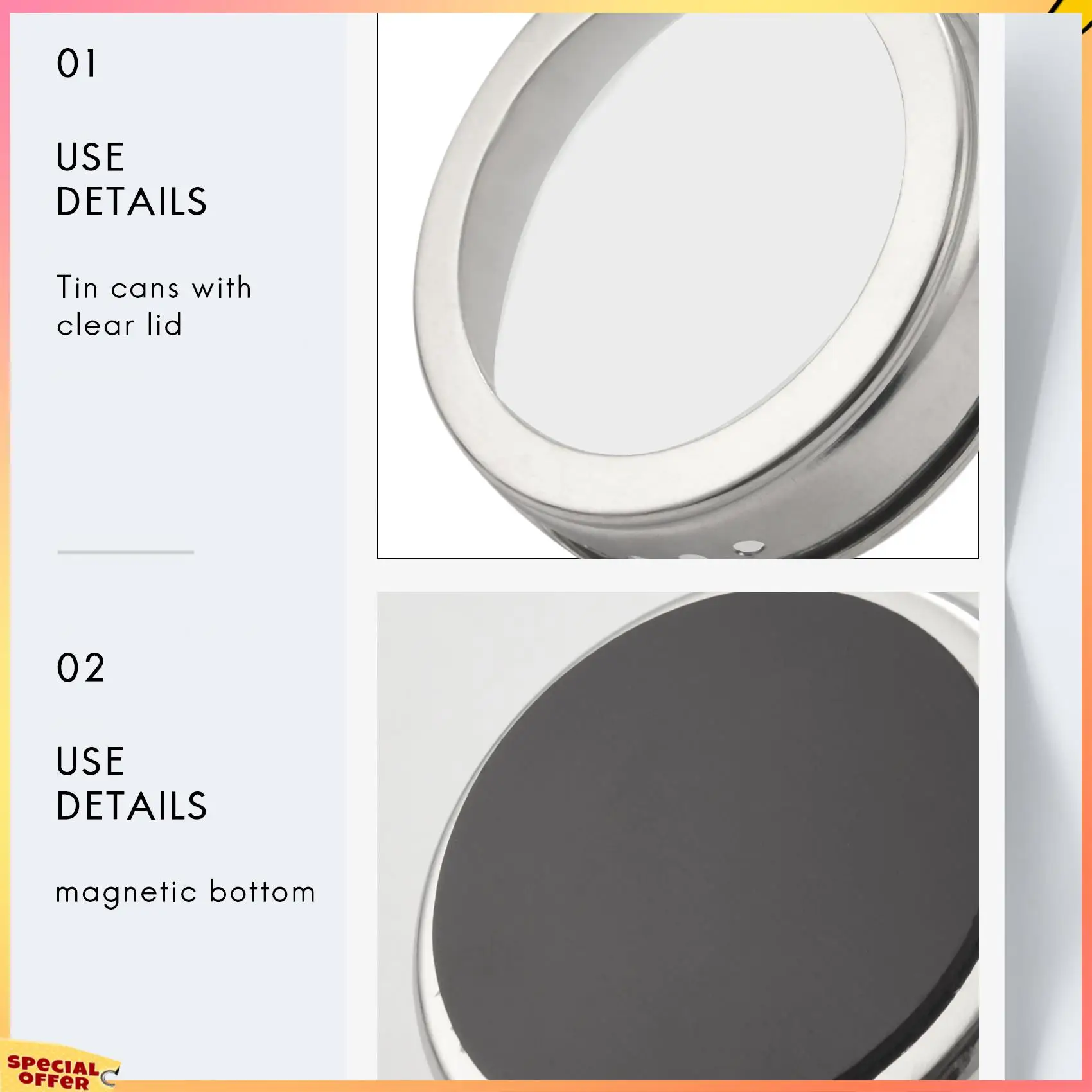 

ABFI 10Pcs/Set Clear Lid Magnetic Stainless Steel Spice Jar Sauce Pepper Seasoning Storage Container Kitchen Houseware