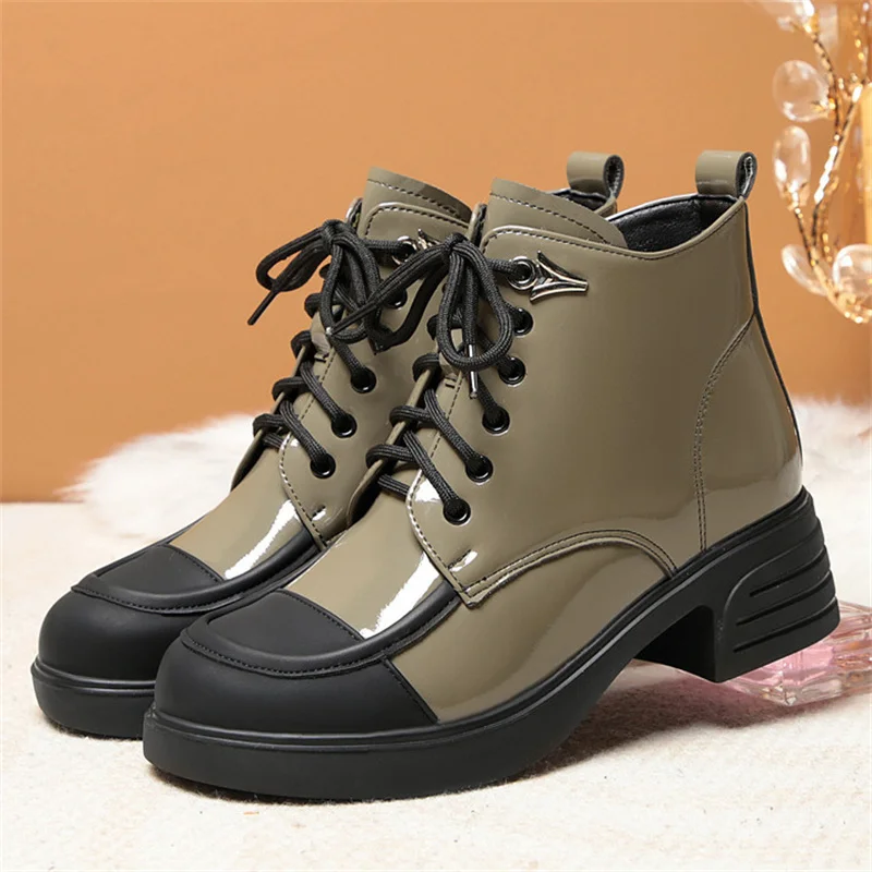 

Fashion Personality Temperament Comfort Soft Leather Thick Heel Ankle Boots 2024 Fall Winter Warm Lace-up Elegant Boots