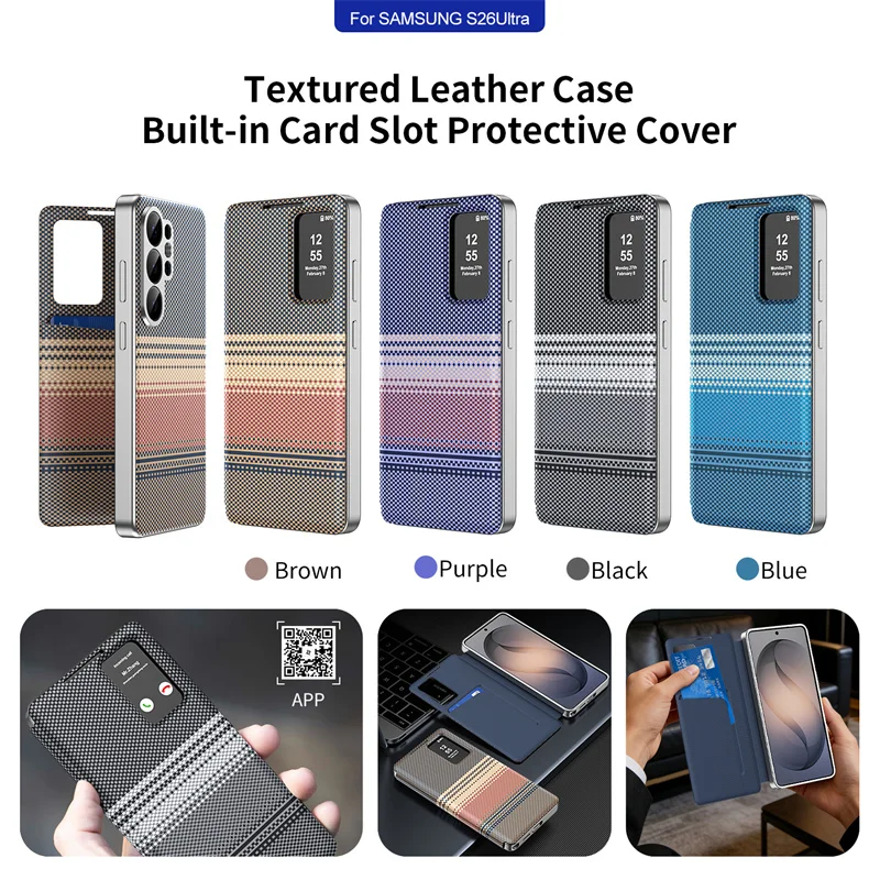 

For Samsung Galaxy S25 S23 S24 S26 Ultra Carbon Fiber Texture PU Leather Card Pocke Flip Smart Display Transparent Window Cover
