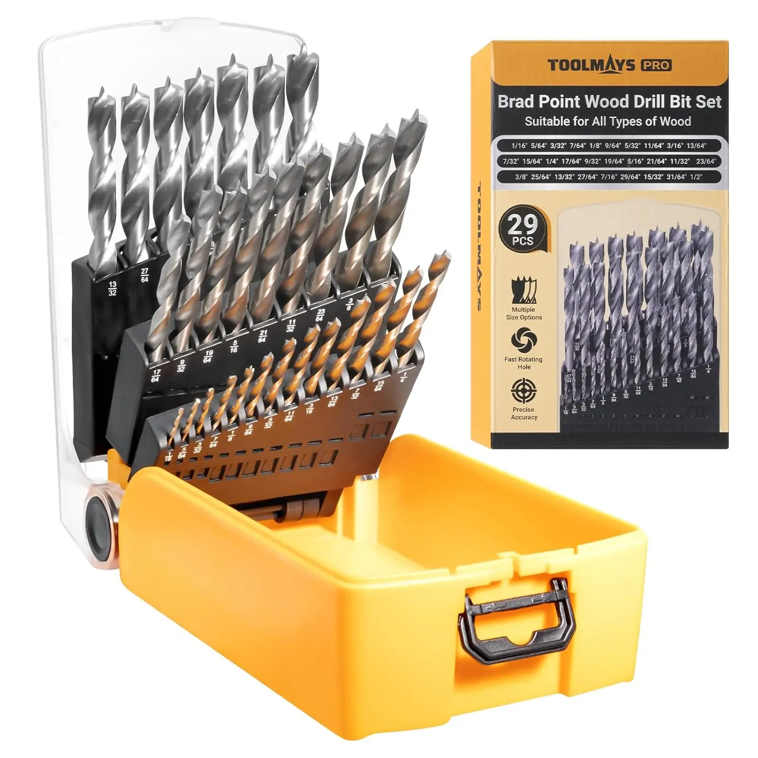 

29 PCS HSS Wood Drill Bit Set with Double Flutes for Carpenter Woodworking and All Wood Types (1/16" - 1/2")