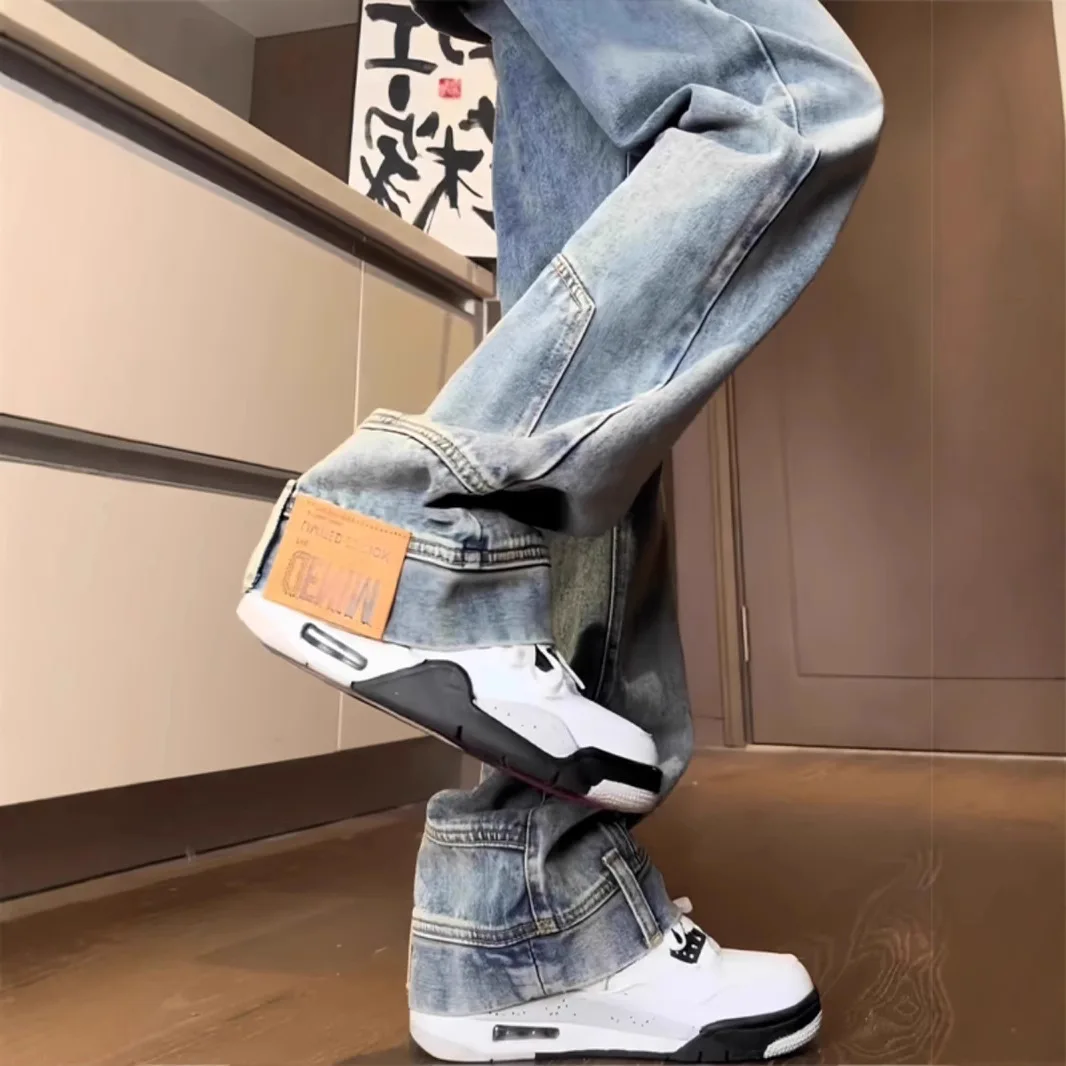 

Американский High Street, новая мода, мужские однотонные простые базовые повседневные модные свободные широкие прямые джинсовые брюки, мужские джинсы