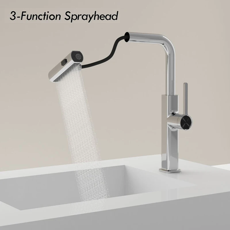 Kitchen Faucet Rain Shower 2 Functions Pull Out Hot Cold Mixer White Black Chrome Grey Color with Flexible Hose