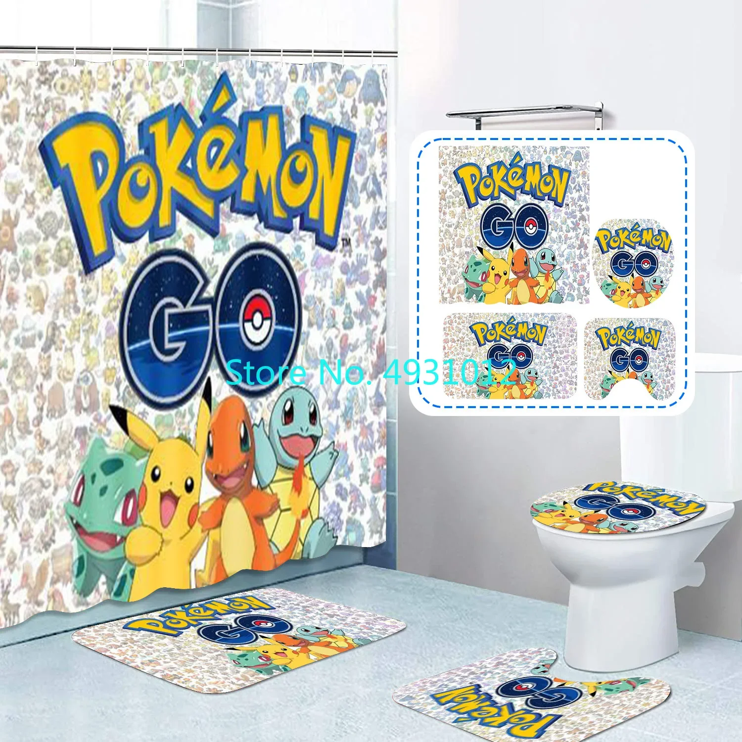 Pokemon Pikachu Charmander Kawaii Anime Cartoon Non-slip Mat Set Waterproof Shower Curtain Pedestal Toilet Cover Bath Mat Rug