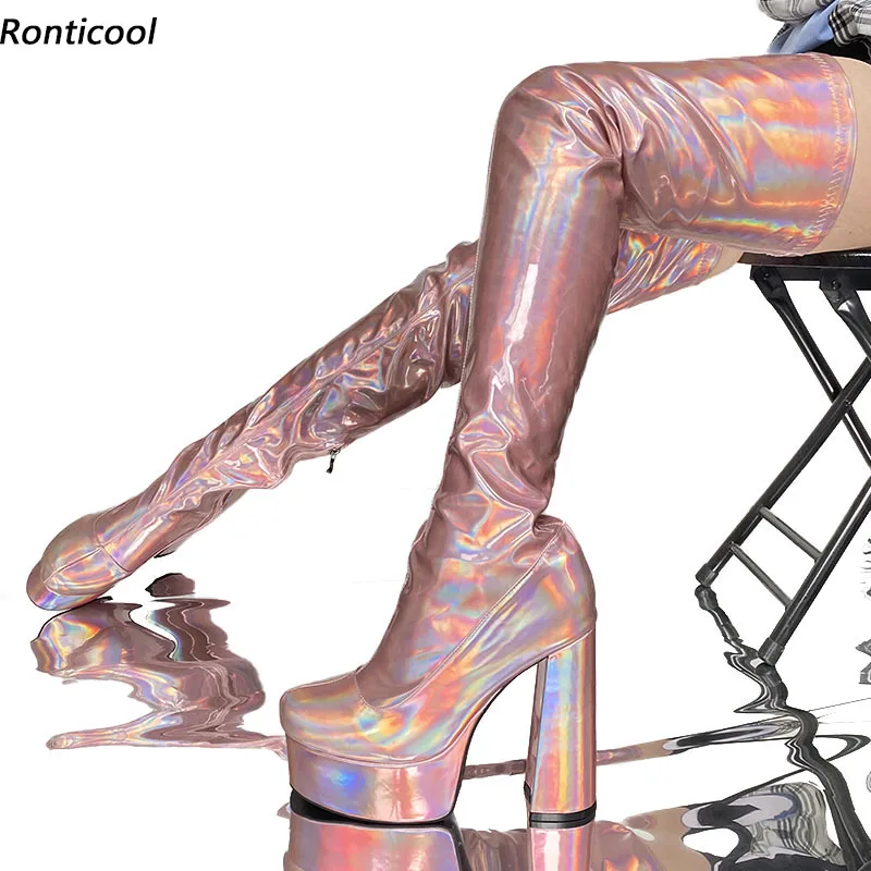 

Ronticool/Новое поступление, женские сапоги до бедра из лакированной кожи, боковая молния, копыта на каблуке с круглым носком, великолепная обувь для вечеринок, женские размеры США 5-15