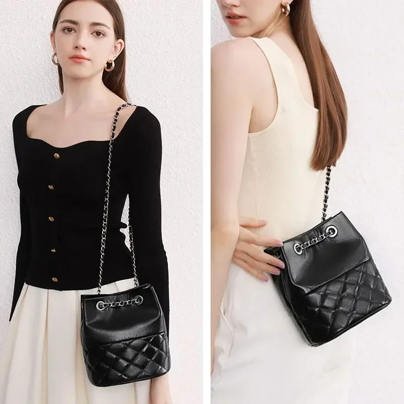 Yao dong, bolso de lujo con cadena para mujer, nuevo bolso cruzado de cuero genuino para mujer, bolso tipo cubo, piel de vaca de calidad, entramado de diamantes, hombro B