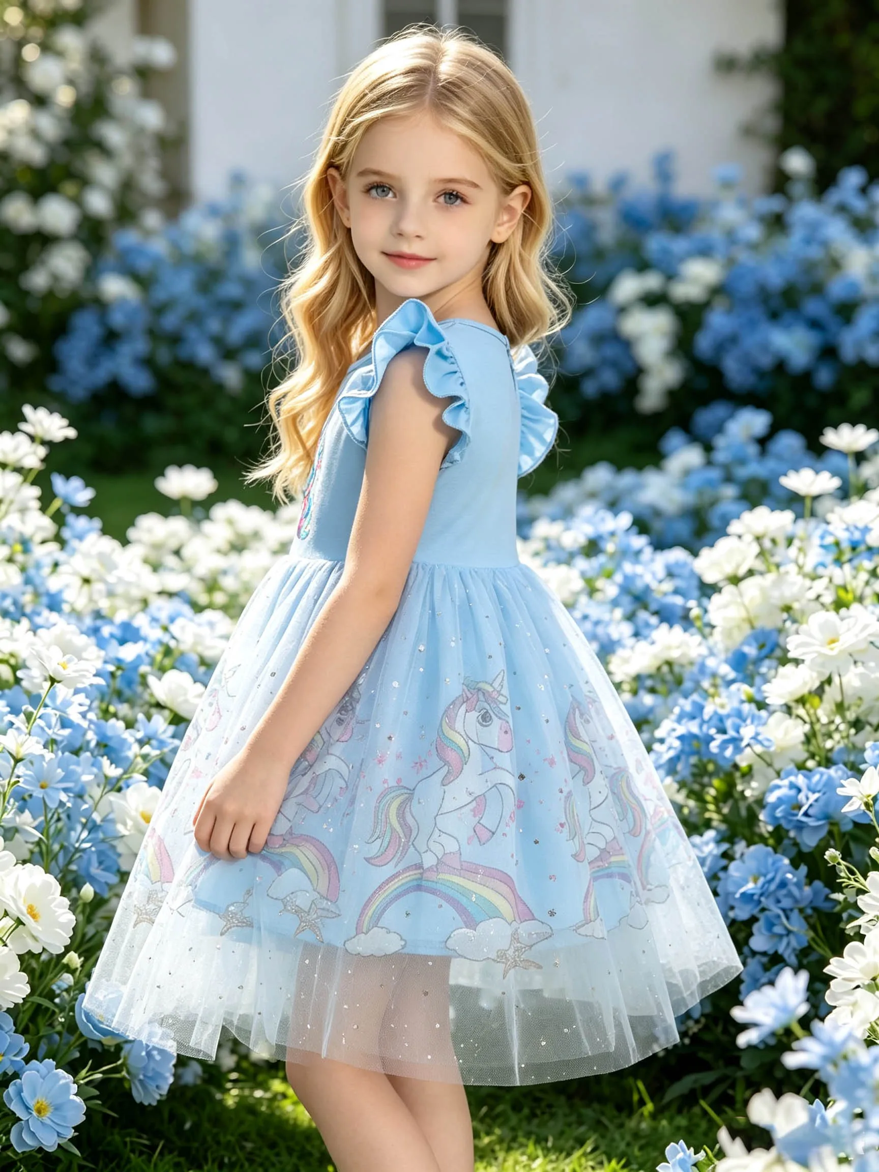 Fresh Sky-Blue Unicorn Summer Outfit for Girls, Ruffled Flutter Sleeves, Double-Layer Printed A-Line Princess Tulle Dress
