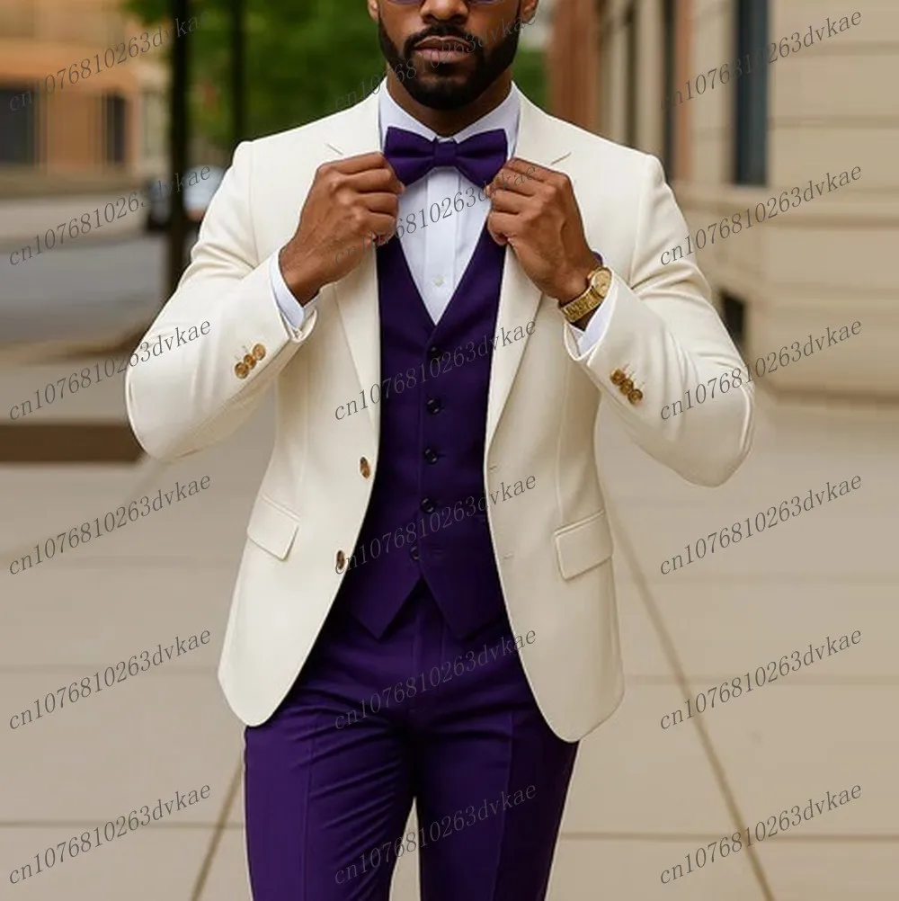 

Новый белый и фиолетовый деловой мужской костюм для жениха, жениха, свадебной вечеринки, выпускного вечера, мужские смокинги, комплект из 3 предметов, пиджак, жилет, брюки