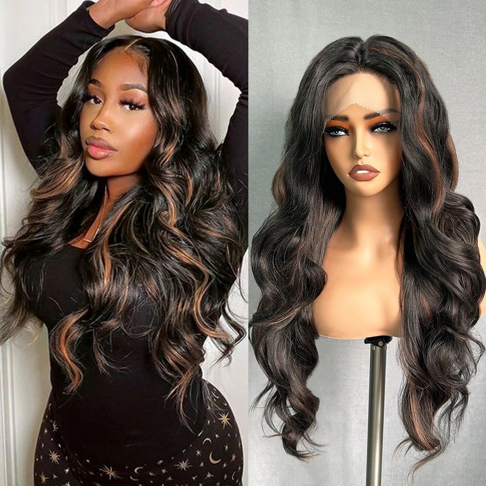 X-TRESS Highlight Black Color Mixed Blonde Synthetic Lace Front Wig Soft 28