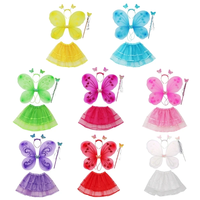 

Kids Girls Butterfly Costume set Children Fairy Wings Wand Tutu skirt Headband cosplay Performance props