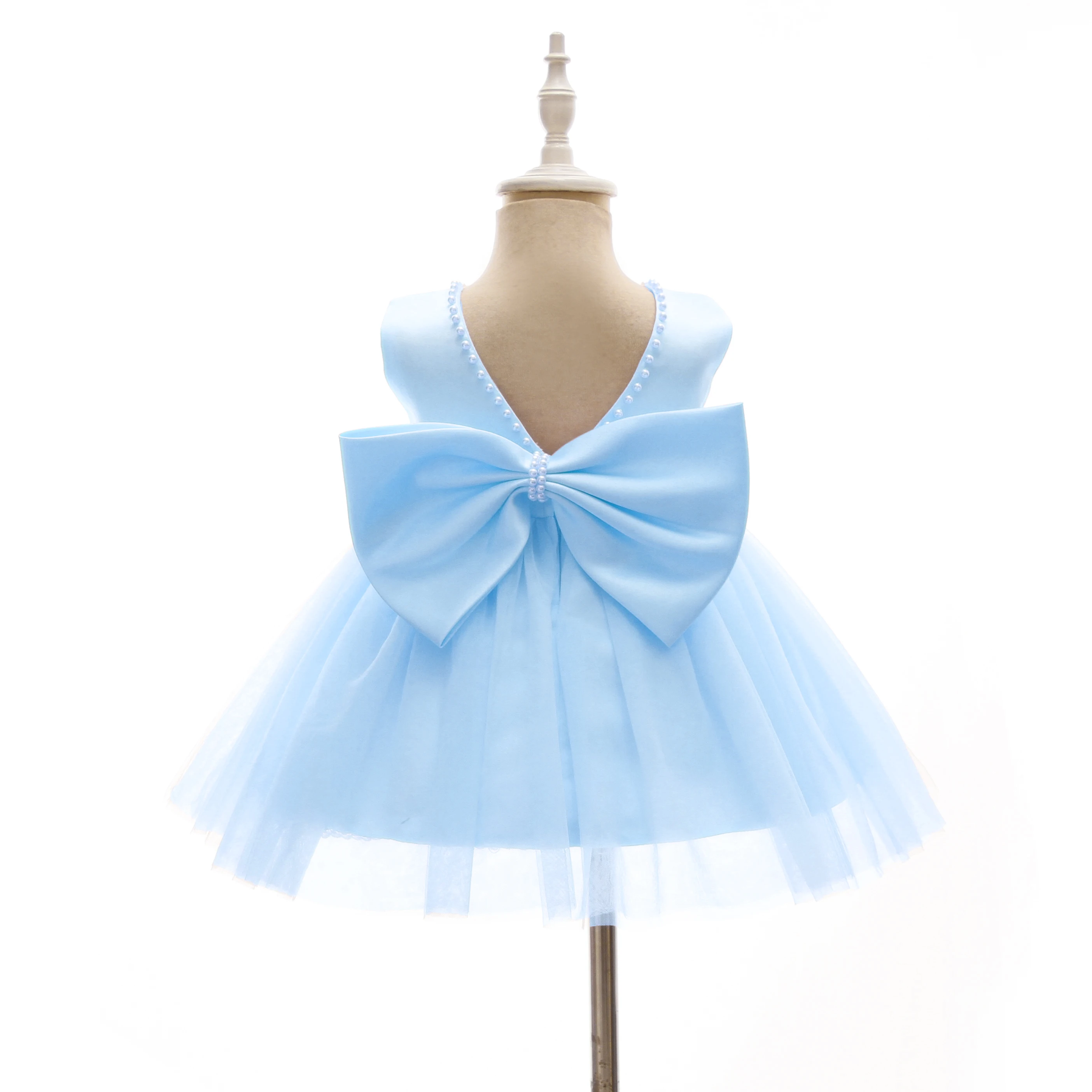 High Quality Dresses Bow Wedding Baby Girls Sleeveless Cute Pageant Princess Casual Satin Ball Gown Birthday Beaded