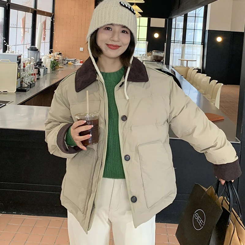 Giacca invernale leggera di colore a contrasto di tendenza Donna Y2K Patchwork retrò monopetto Parka corto Cappotti coreani in cotone da strada