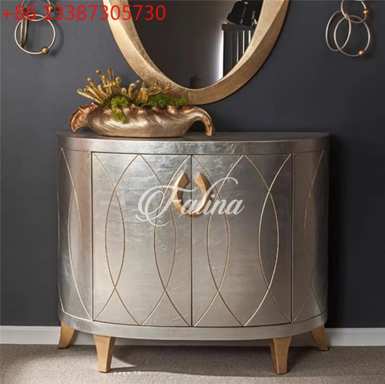 

Американский светлый роскошный входной шкаф из цельного дерева, постмодернистский простой боковой шкаф из серебряной фольги с золотой росписью