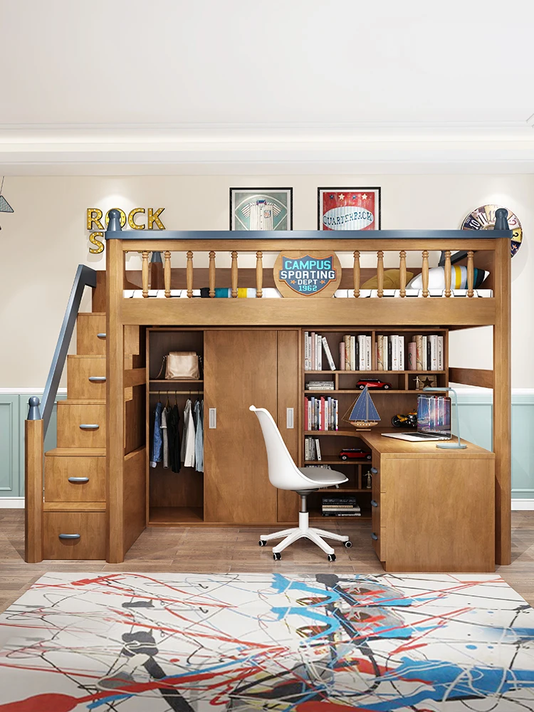 

lower table, wardrobe integrated, upper bed and empty bed, small apartment with desk, integrated staggered children's bed