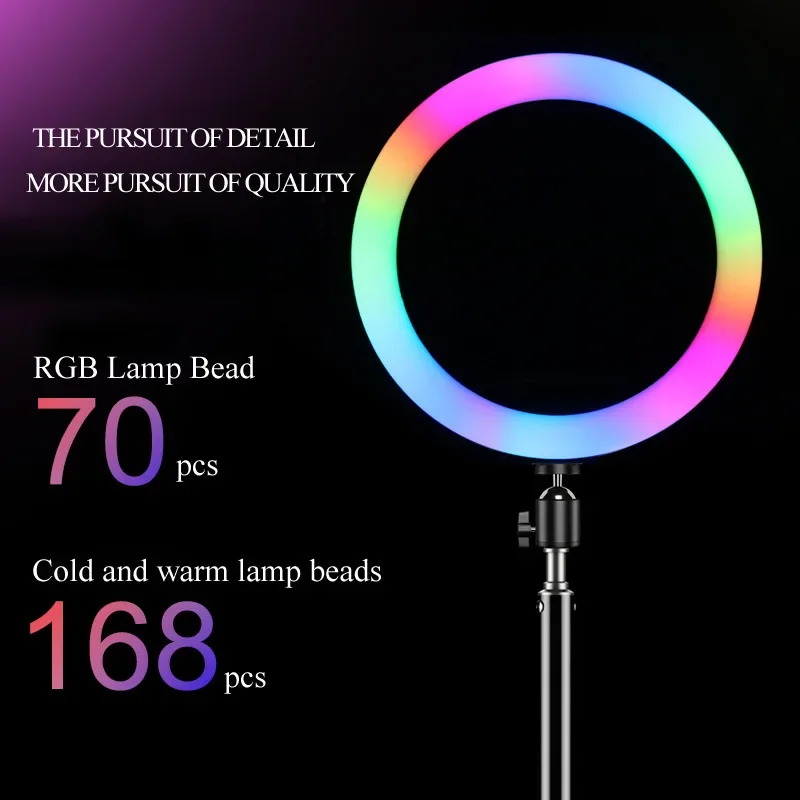 10in 26 ซม.Selfie แหวนแสง RGB ขาตั้งโทรศัพท์การถ่ายภาพ RingLight วงกลมสีโคมไฟ LED เติมแสงแต่งหน้า Trepied Live