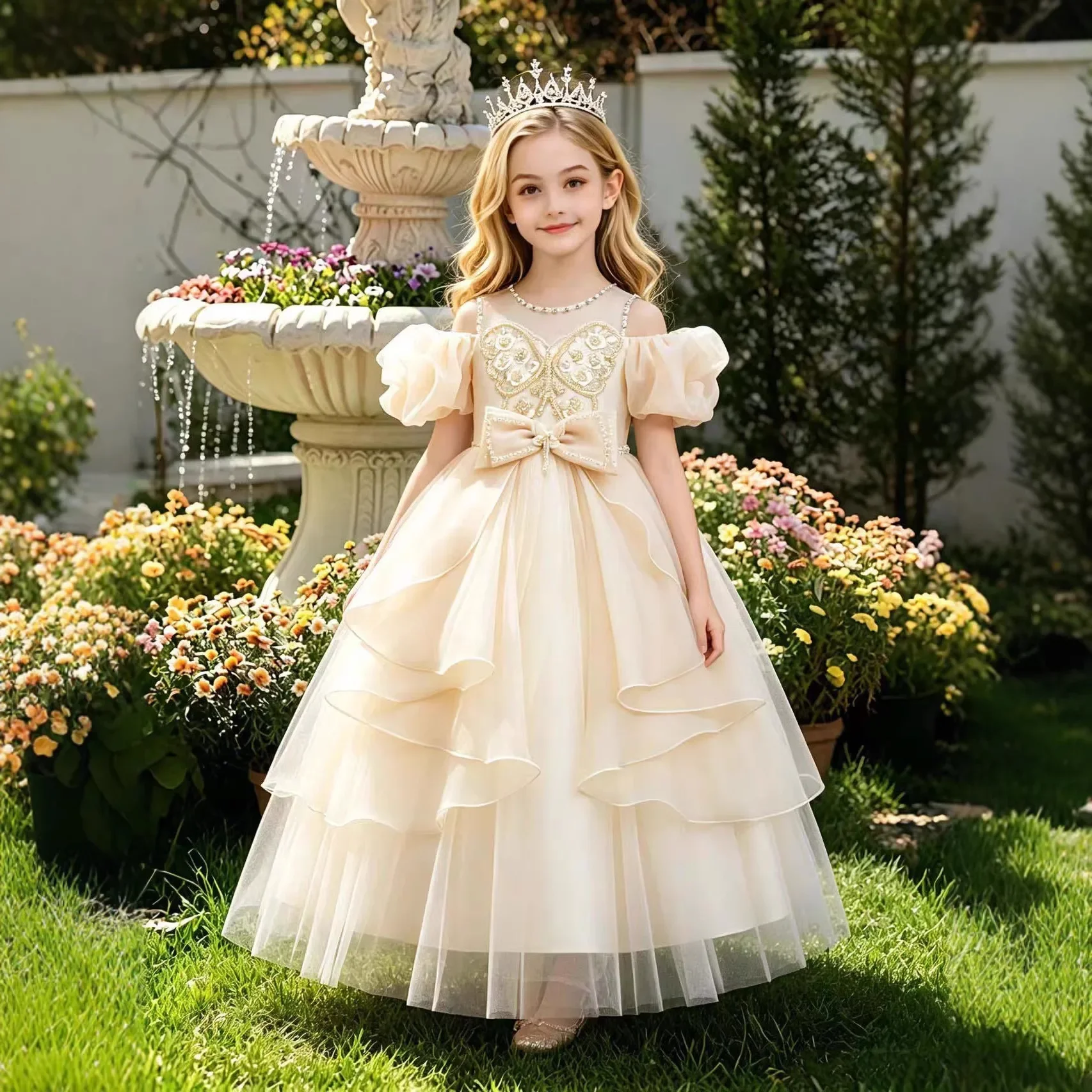 Elegant Dress For Girl Beading Children's Ceremony Festive Party Ball Gown Butterfly Sequins Kids Wear 3-10 Years