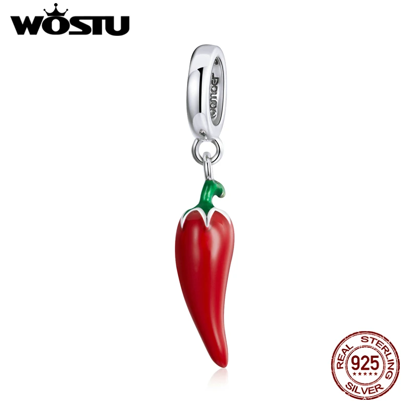 WOSTU 100% Real 925 Sterling Silver Hot Pepper Chilli Charm Pendant Fit Original Bracelets Women Fashion DIY Jewelry Gift Making