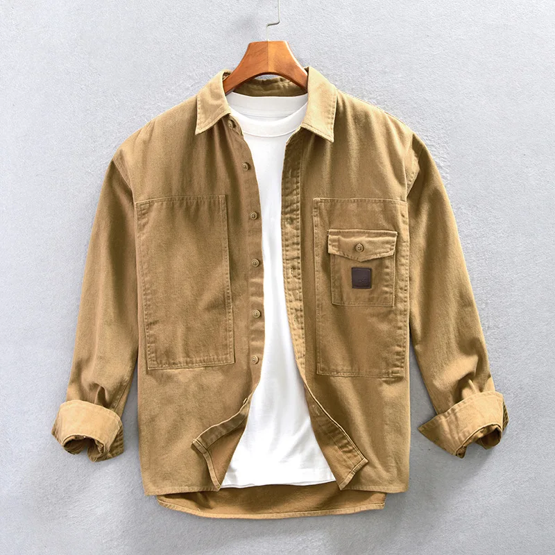 

Japanese Style Cargo Shirt Men Spring Autumn Streetwear Mens Long Sleeve Shirt 100% Cotton Khaki Shirts Loose Vintage Overshirt